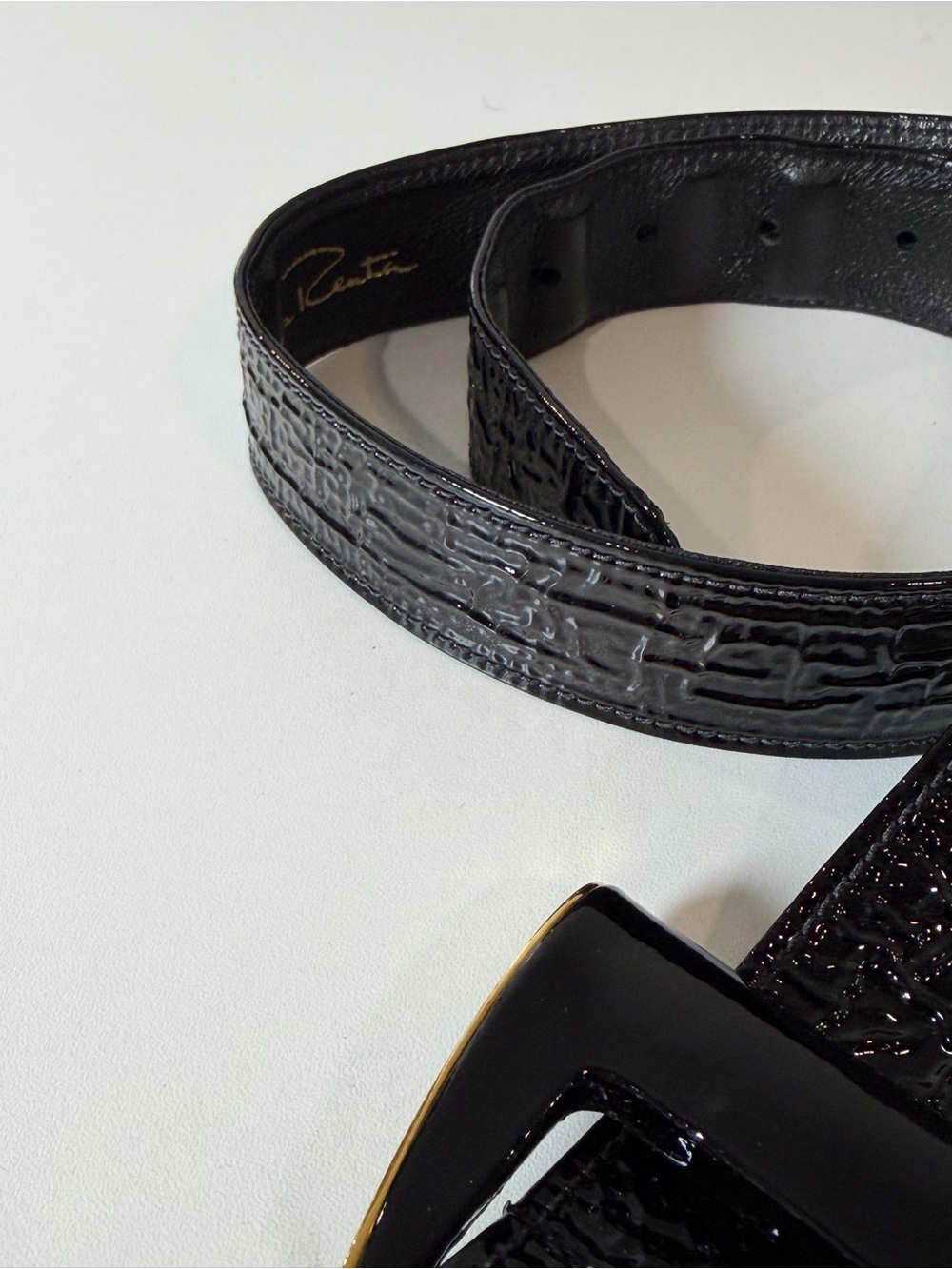 Oscar de la Renta USA Small Genuine Leather Black Bow Tie Gold Tone Belt Cute - Picture 4 of 13